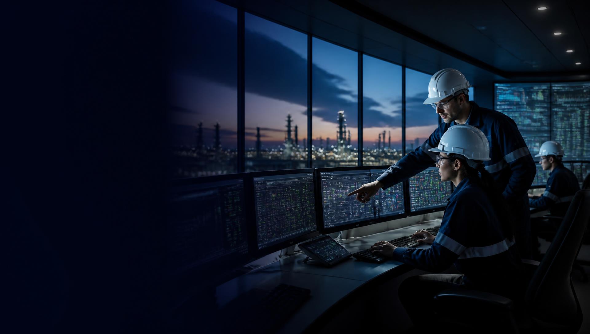 Operations team collaborating in a refinery control room at dusk