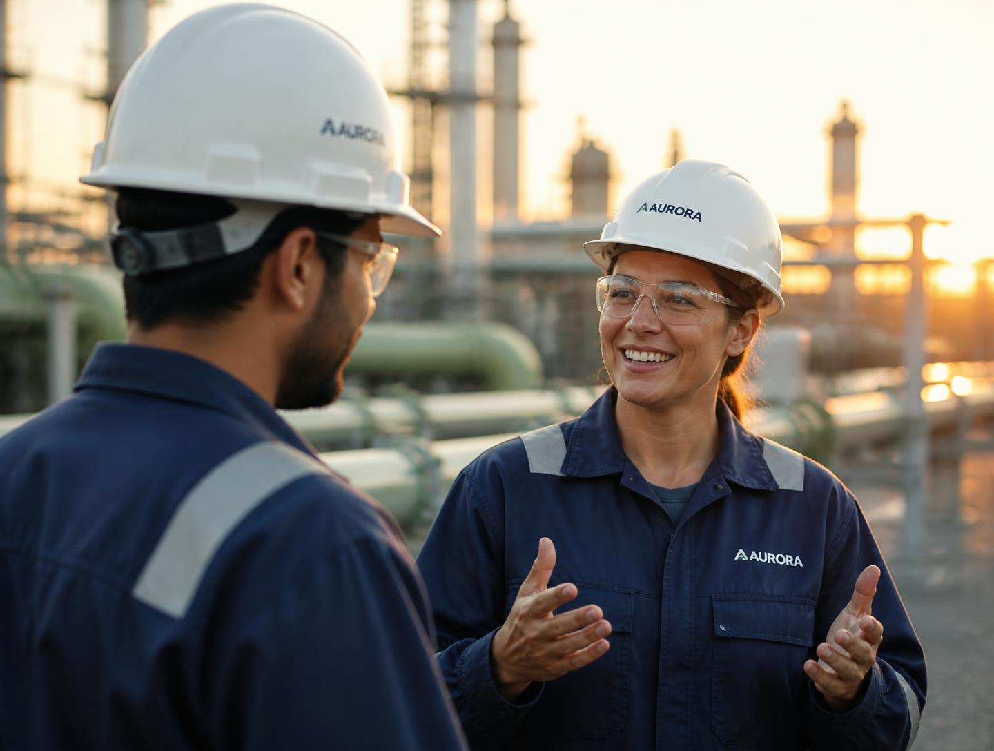 Two operations colleagues in hard hats talking beside plant pipework